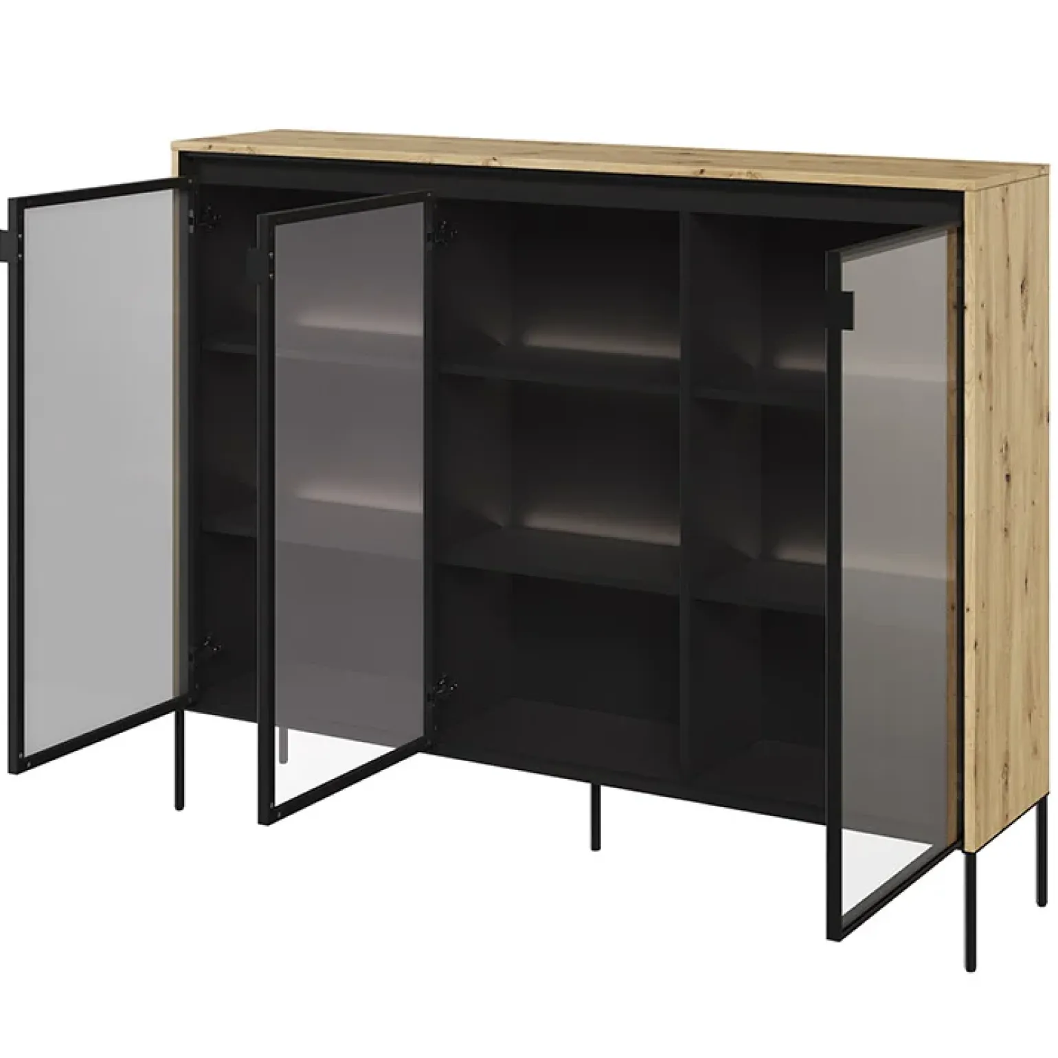 Vetrina bassa 150x118h cm 3 ante led rovere rustico nero Camelia