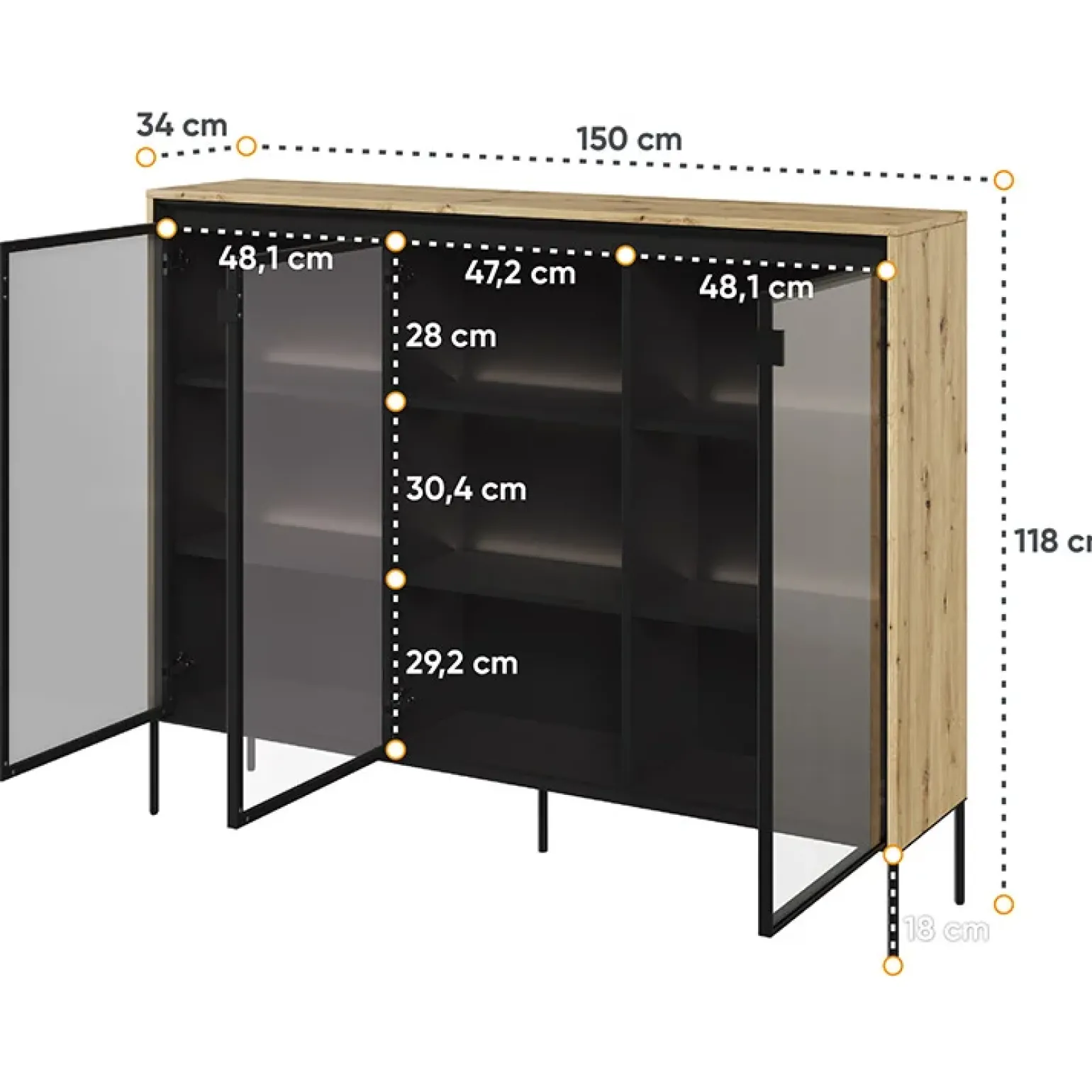 Vetrina bassa 150x118h cm 3 ante led rovere rustico nero Camelia