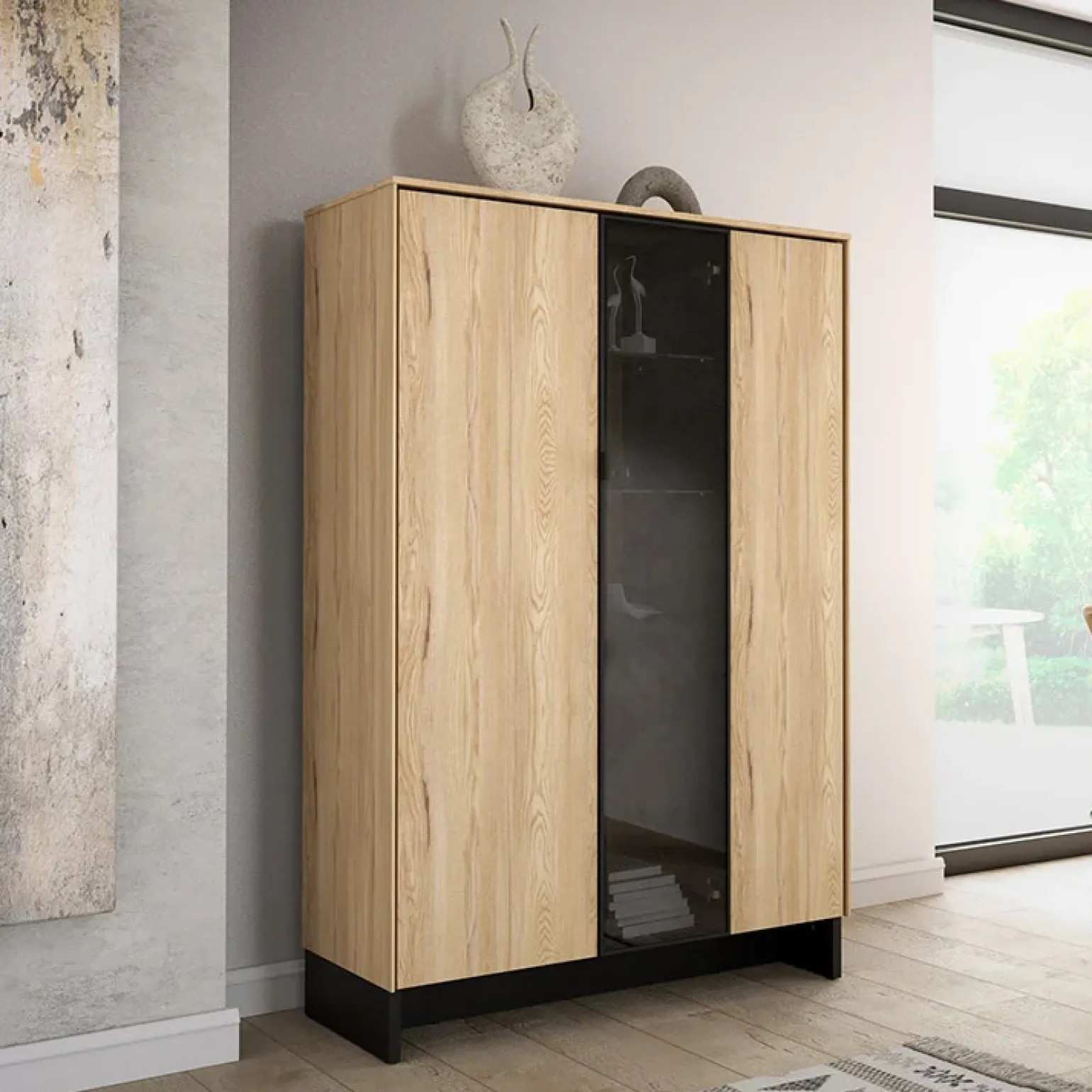 Vetrina bassa 102x152h cm 2 ante 2 cassetti interni rovere nero Alabaster