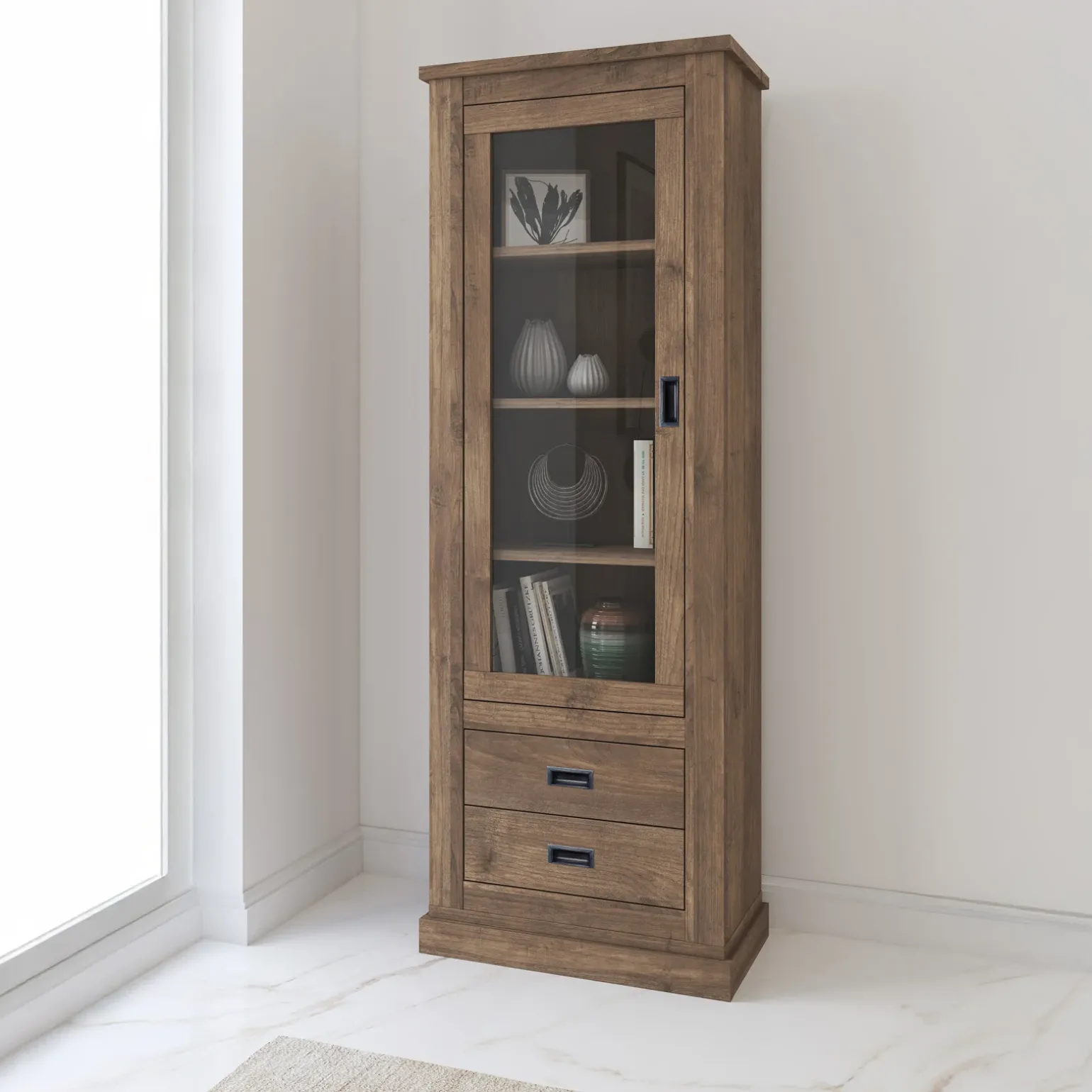 Vetrina 73x204h cm 1 anta 2 cassetti soggiorno noce nero Islen