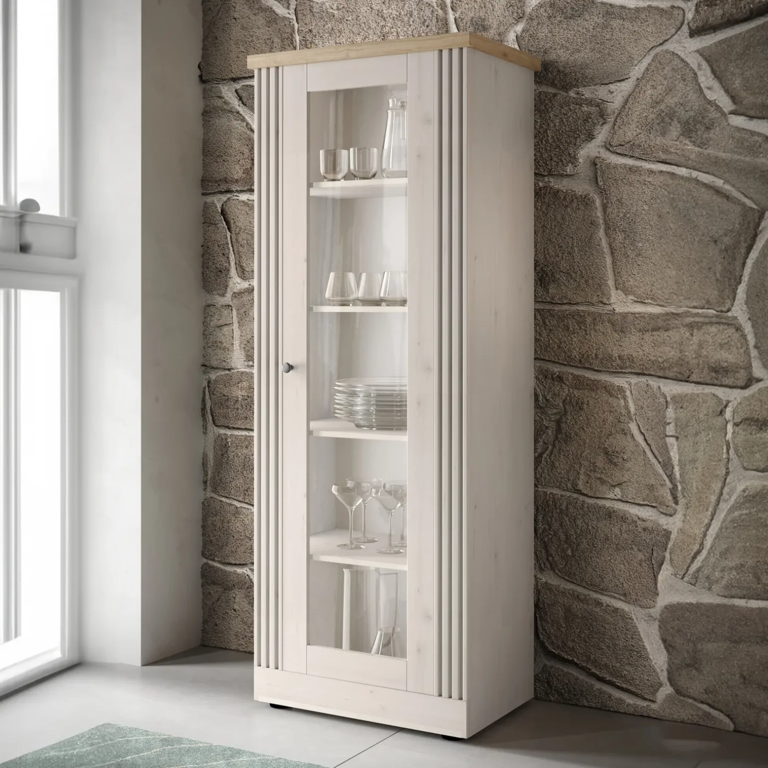 Vetrina 72x192h cm 1 anta 5 vani rovere bianco frassinato Armonia
