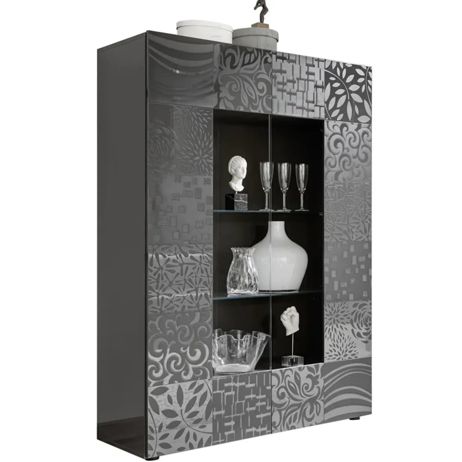 Vetrina 121x166h cm 2 ante moderna grigio scuro con serigrafia Paradise