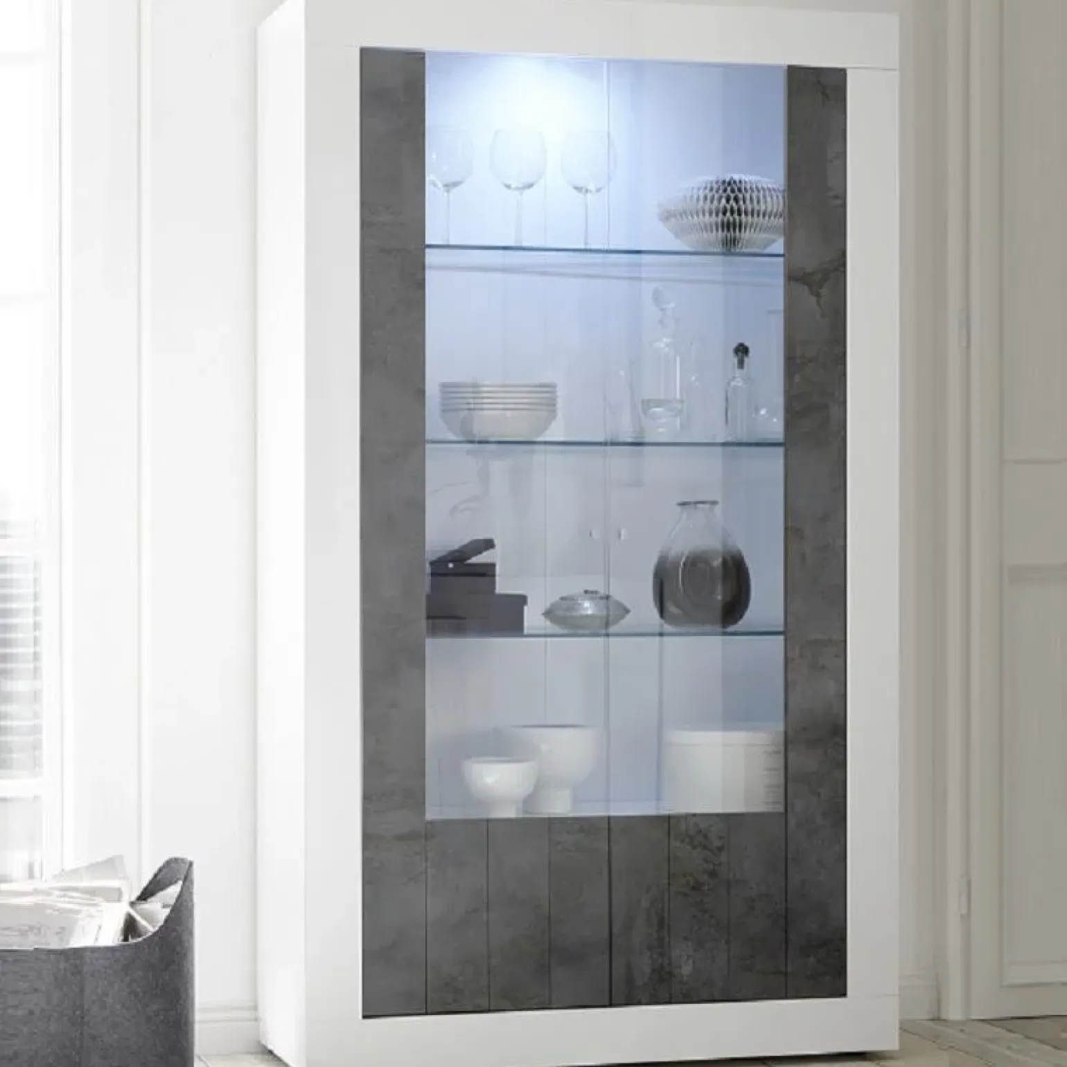Vetrina 110x190h cm 2 ante moderno bianco lucido ossido Florena