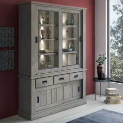 Vetrina 150x204h cm 4 ante scorrevoli 3 cassetti soggiorno rovere grigio nero Islen