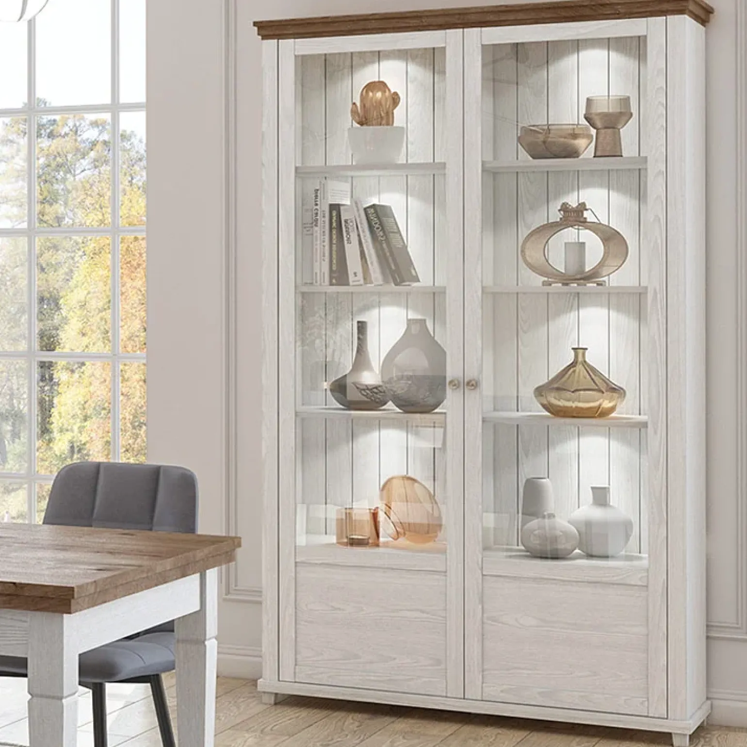 Vetrina 126x200h cm 2 ante soggiorno bianco frassinato rovere Texel