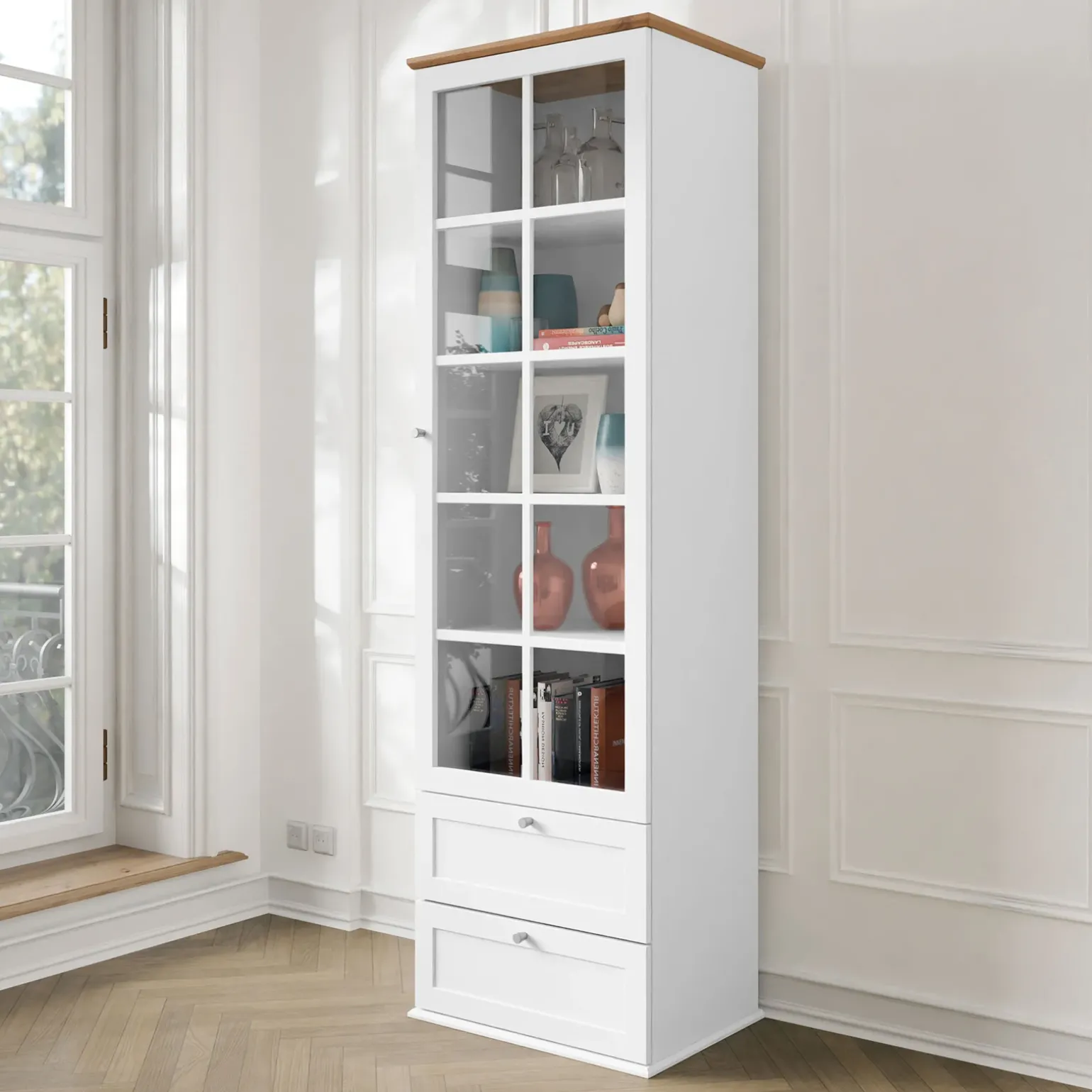 Vetrinetta 62x201h cm 1 anta 2 cassetti bianco rovere Relaxio