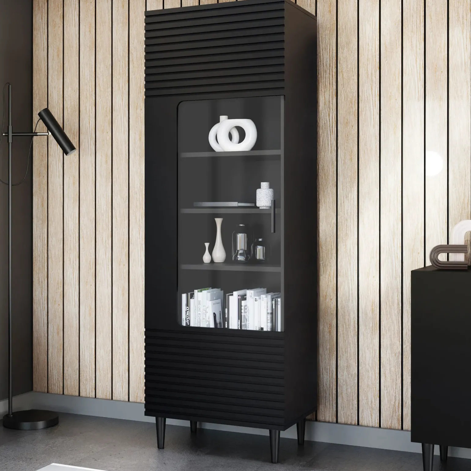 Vetrinetta 60x180h cm 1 anta soggiorno moderna nero Flippo