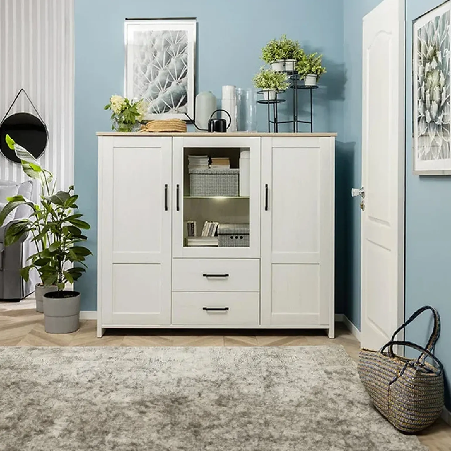 Vetrinetta 160x135h cm 3 ante 2 cassetti soggiorno bianco frassinato rovere Lars