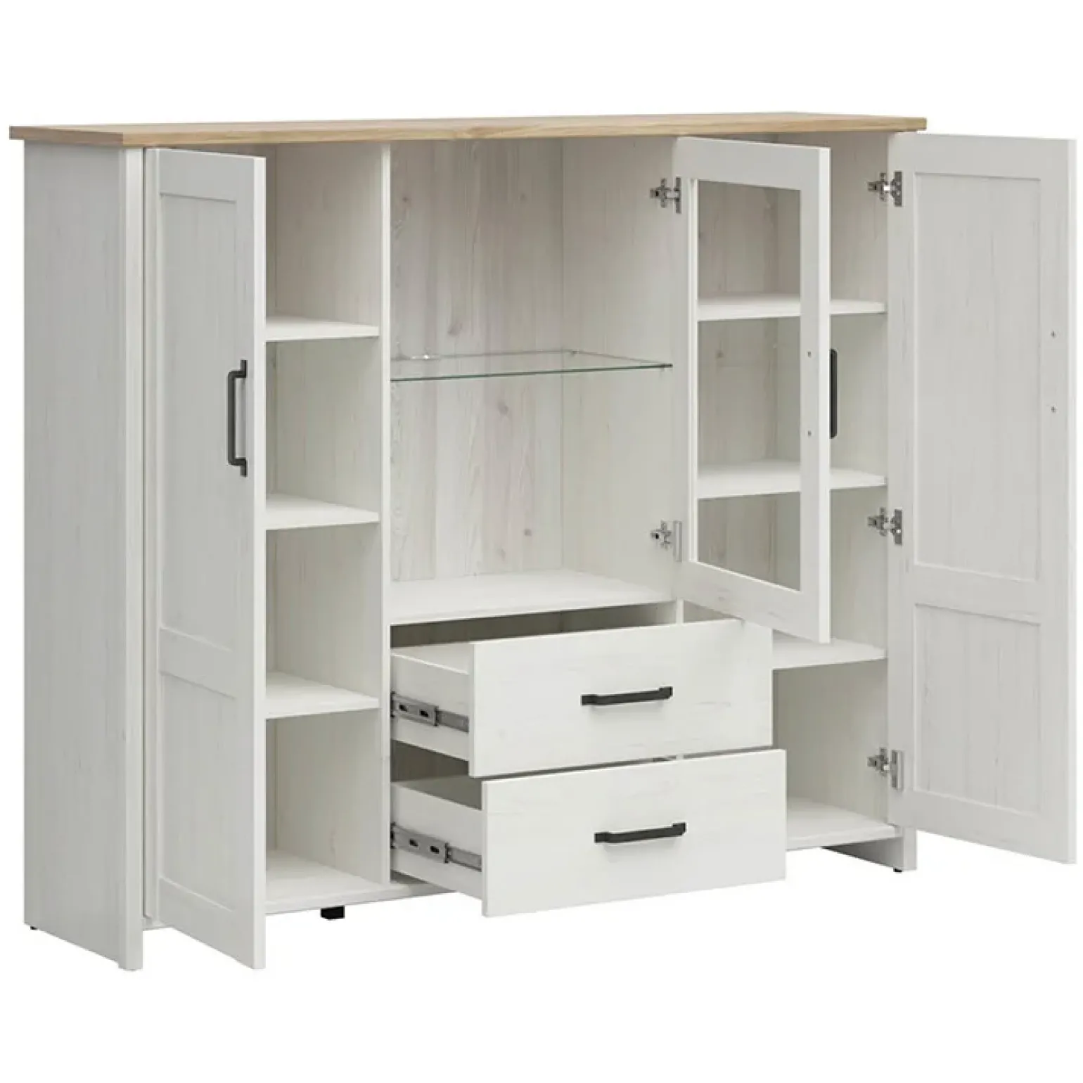 Vetrinetta 160x135h cm 3 ante 2 cassetti soggiorno bianco frassinato rovere Lars