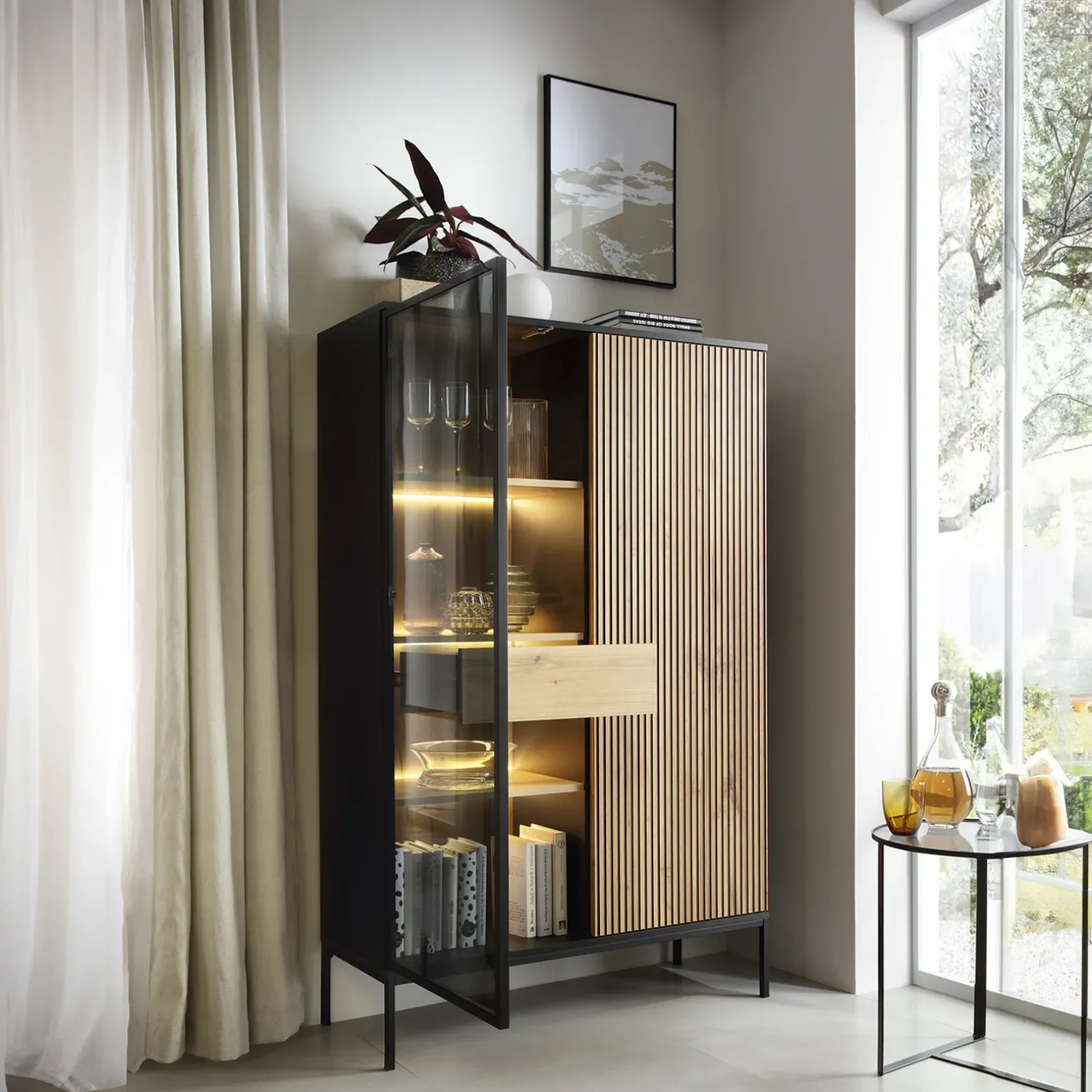 Vetrinetta 104x166h cm 2 ante moderna nero rovere antico cannettato Bali