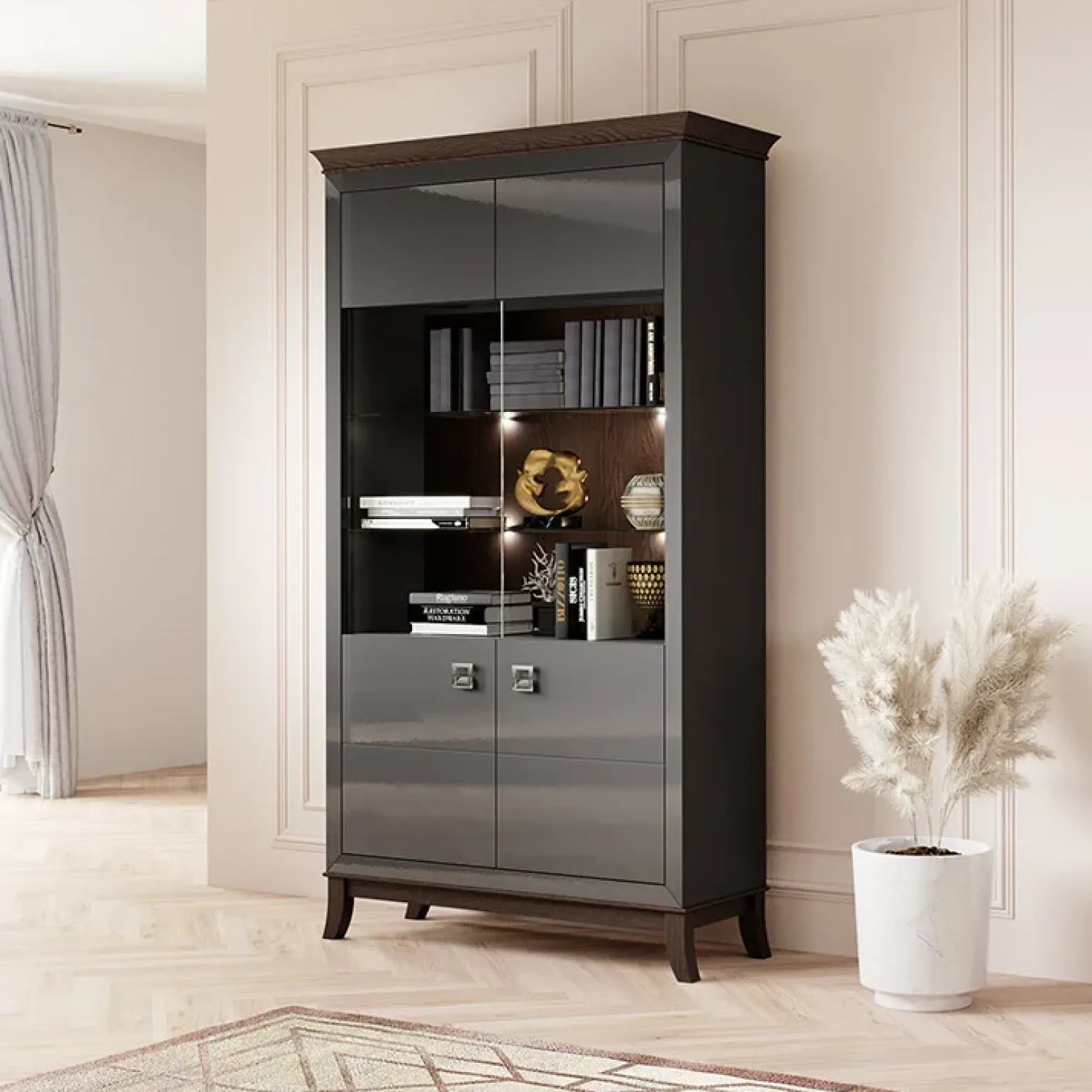 Vetrinetta 116x207h cm 2 ante soggiorno antracite lucido rovere scuro Umag