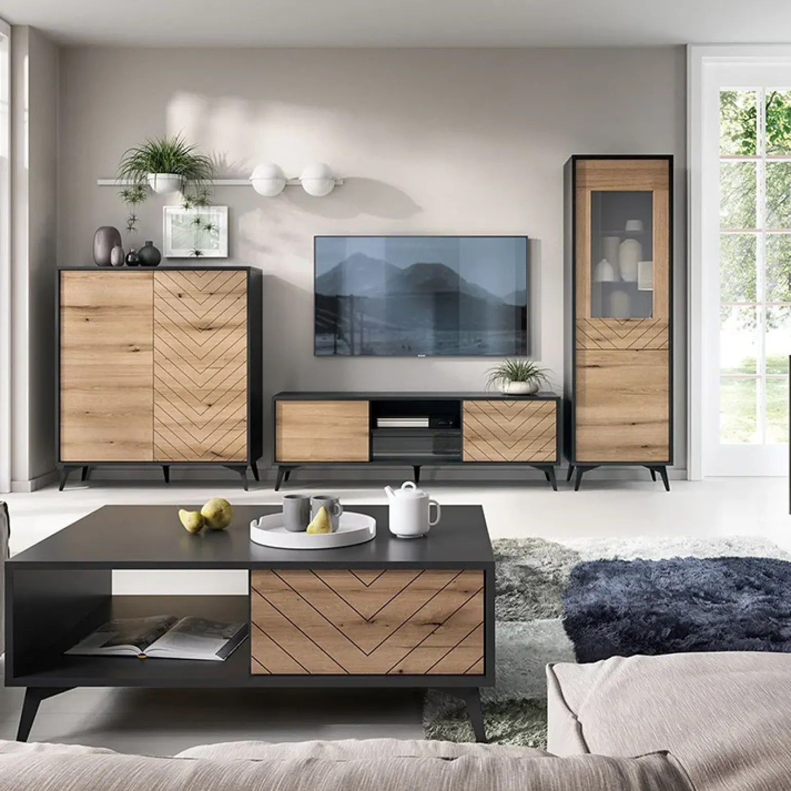 Vetrinetta 54x178h cm 2 ante soggiorno quercia nero Becca