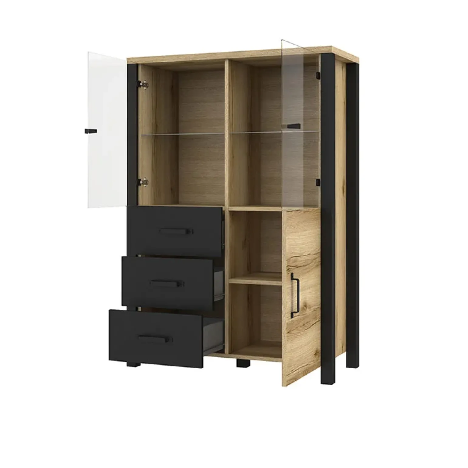 Vetrinetta 101x146h cm industrial 2 ante 3 cassetti rovere nero Nebraska