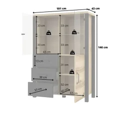Vetrinetta 101x146h cm industrial 2 ante 3 cassetti rovere nero Nebraska