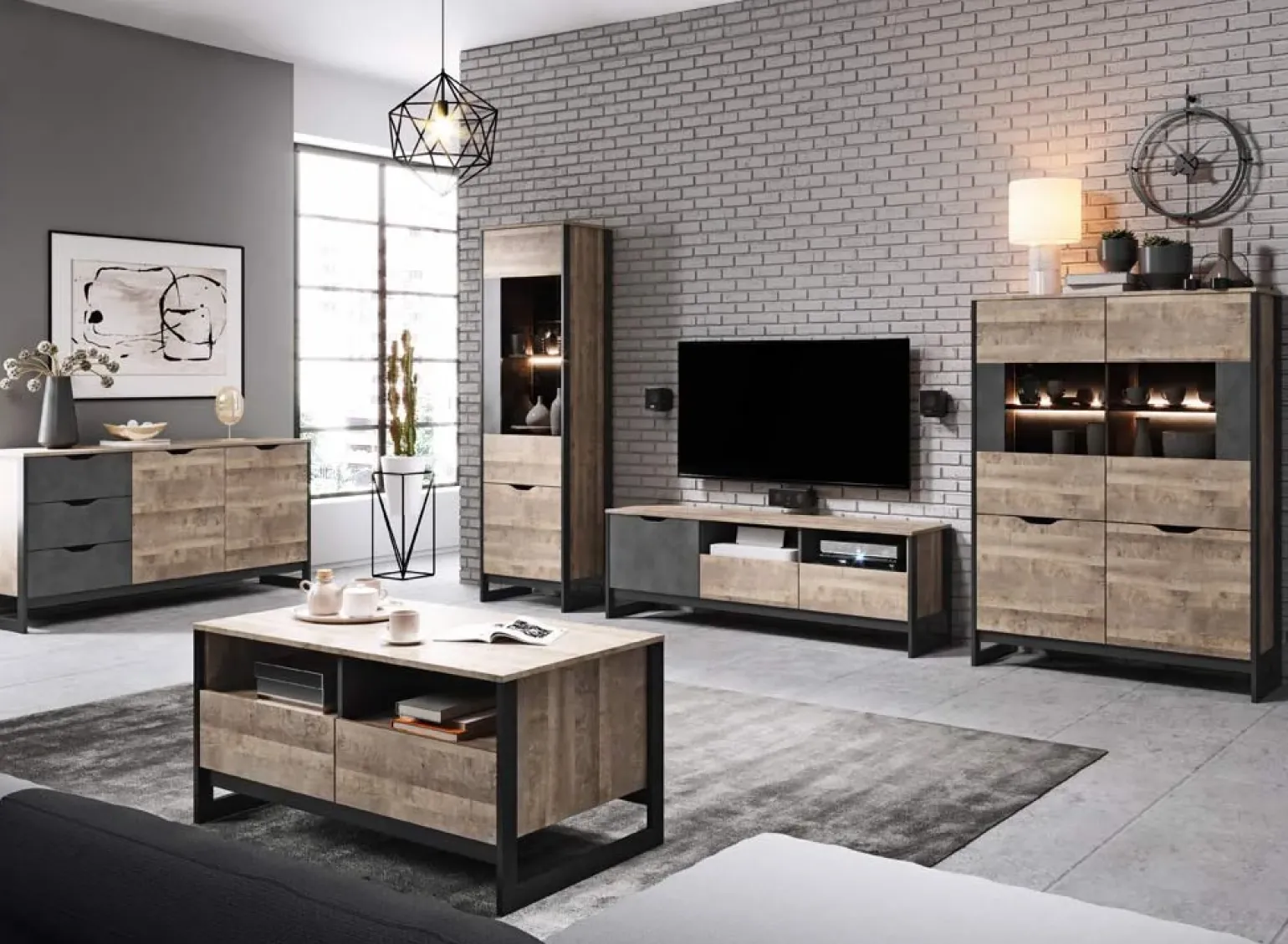 Vetrinetta 109x150h cm industrial 4 ante quercia scura ossido Sandy