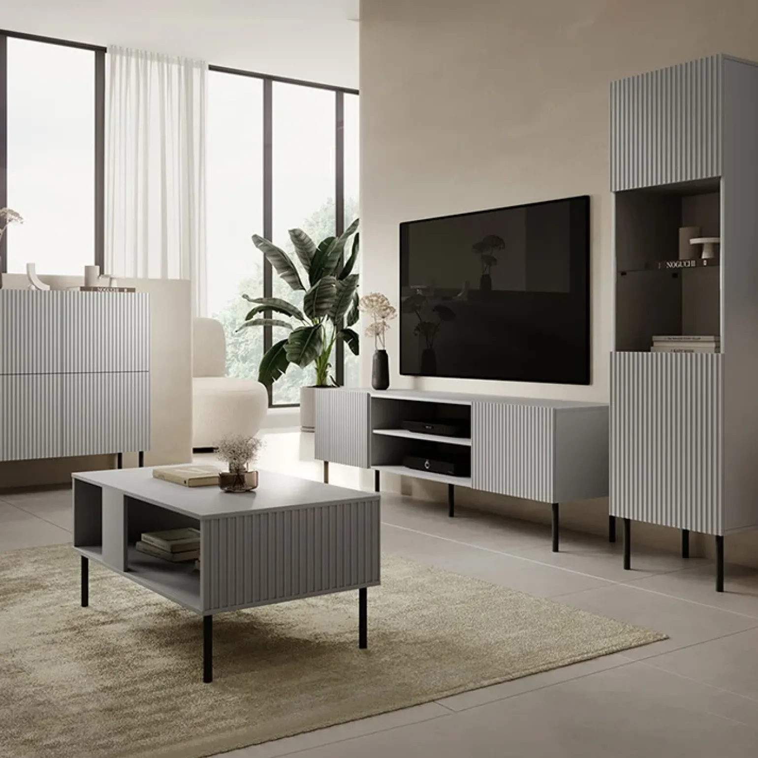 Vetrinetta 50x180h cm moderna soggiorno grigio chiaro nero Cadice